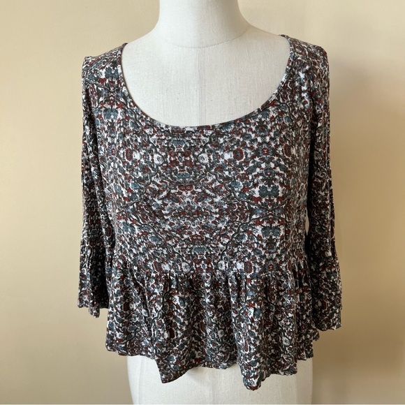 Free People bell sleeve patterned peplum top 572 - Picture 3 of 10